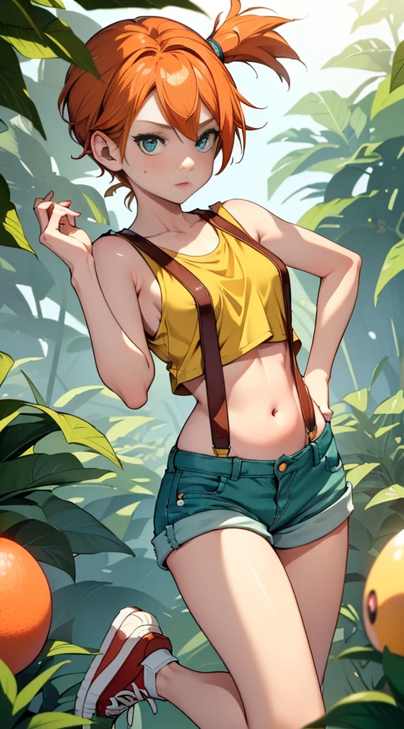 masterpiece,High resolution,8K,Detailed anatomy
(Misty_Pokemon)(1 18-year-old girl)
(Berry Short,Orange Hair,one side up hair,Big green eyes,Small breasts,Skinny)
(Yellow sleeveless T-shirt,Belly button exposed,Denim hot pants,Red suspenders,sneakers)
I can feel the spirit in my eyes.