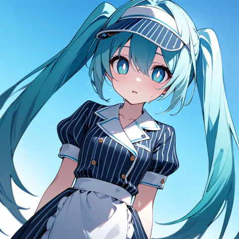 best quality, masterpiece, 1girl, solo, mikunormal, hatsune miku, blue vertical-striped dress, waist apron, visor cap, wrist cuf...