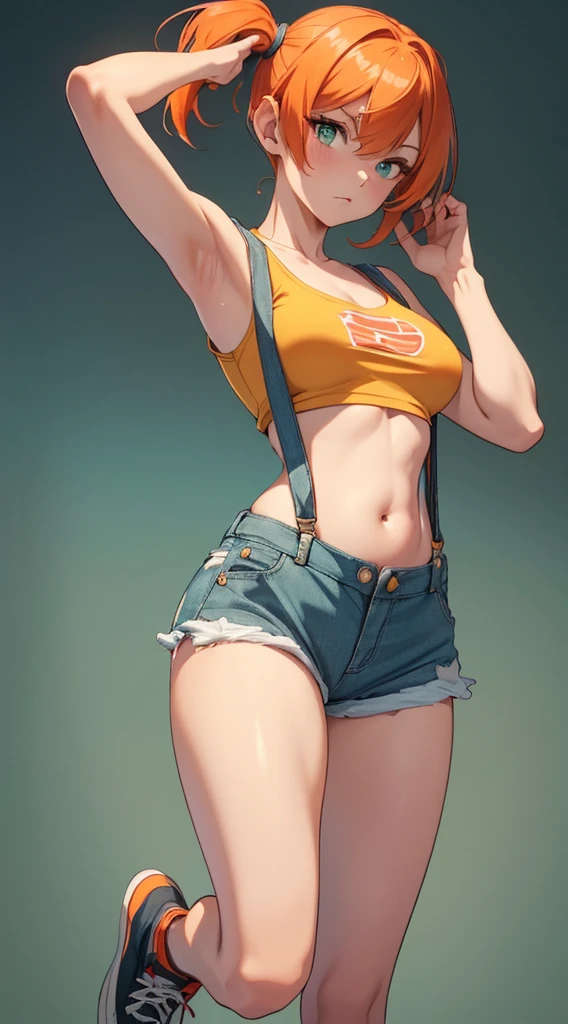 masterpiece,High resolution,8K,Detailed anatomy
(Misty_Pokemon)(1 18-year-old girl)
(Berry Short,Orange Hair,one side up hair,Big green eyes,Small breasts,Skinny)
(Yellow sleeveless T-shirt,Belly button exposed,Denim hot pants,Red suspenders,sneakers)
I can feel the spirit in my eyes.