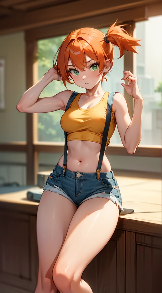 masterpiece,High resolution,8K,Detailed anatomy
(Misty_Pokemon)(1 18-year-old girl)
(Berry Short,Orange Hair,one side up hair,Big green eyes,Small breasts,Skinny)
(Yellow sleeveless T-shirt,Belly button exposed,Denim hot pants,Red suspenders,sneakers)
I can feel the spirit in my eyes.