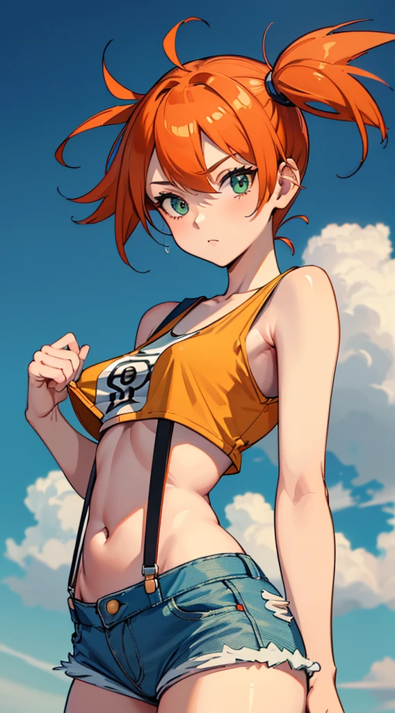 masterpiece,High resolution,8K,Detailed anatomy
(Misty_Pokemon)(1 18-year-old girl)
(Berry Short,Orange Hair,one side up hair,Big green eyes,Small breasts,Skinny)
(Yellow sleeveless T-shirt,Belly button exposed,Denim hot pants,Red suspenders,sneakers)
I can feel the spirit in my eyes.