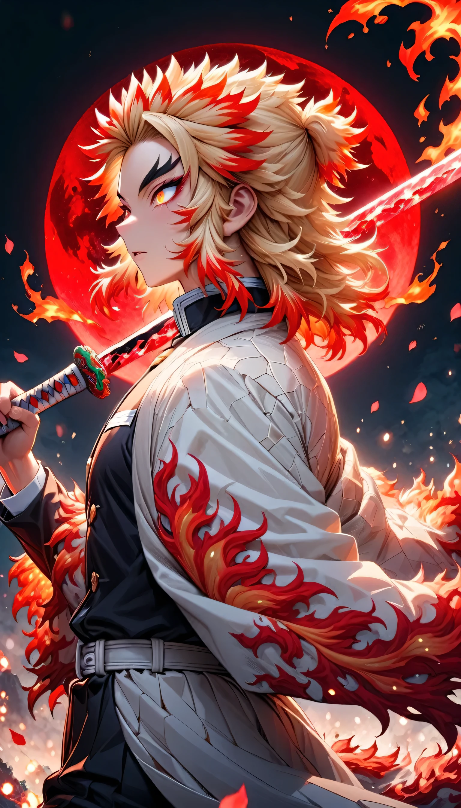 Súper detallado, Alta resolución, Absurdo, Alta resolución, obra maestra, Rengoku Kyojuro, rubio, ojos dorados expresivos, Haori blanco con estampado de llamas, Uniforme Black Demon Slayer, kimetsu no yaiba, fantasía, pétalo, flor roja, buen mozo, sexy man Agarrando una espada, alone, magia, shining red fuegoflies, Luna Roja, de la máxima calidad, rostro y ojos muy detallados, fuego, Agarrando una espada、vista trasera、fondo de llama