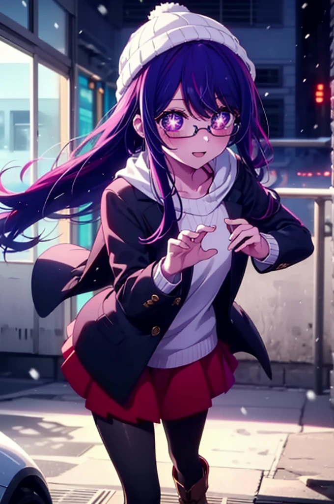 aihoshino, Ai Hoshino, Long Hair, bangs, (Purple eyes:1.1), Purple Hair, (Symbol-shaped pupil:1.5), smile,smile,blush,Open your mouth,Knitted hat,Black-rimmed glasses,Purple long coat,V-neck sweater,Long skirt,Black pantyhose,short boots,Red muffler,It&#39;s snowing,Snow is falling,Walking,whole bodyがイラストに入るように, evening,sunset,The sun is setting,
break outdoors, Snow Country,
break looking at viewer, whole body,
break (masterpiece:1.2), Highest quality, High resolution, unity 8k wallpaper, (figure:0.8), (Beautiful attention to detail:1.6), Highly detailed face, Perfect lighting, Highly detailed CG, (Perfect hands, Perfect Anatomy),