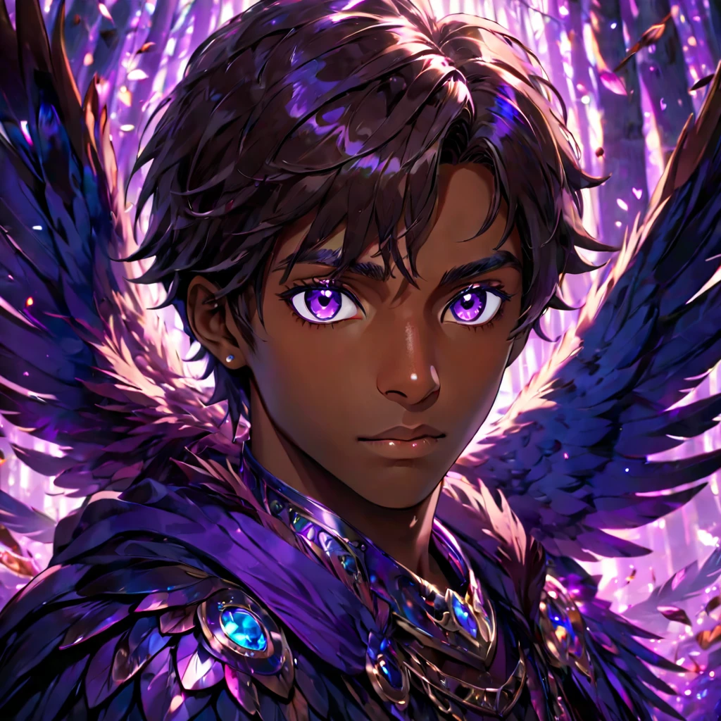 1 young man, stunning crystalline purple eyes, dark skin, radiant reflective purple light, falling owls feathers, 4k, UHD, HDR, ultra-detailed, realistic, photorealistic, sharp focus, physically-based rendering, vivid colors, studio lighting, masterpiece