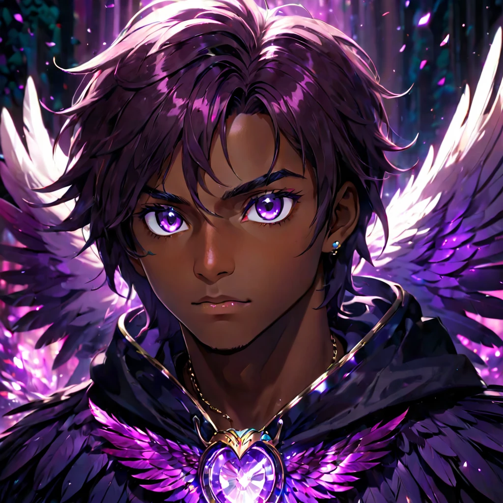 1 young man, stunning crystalline purple eyes, dark skin, radiant reflective purple light, falling owls feathers, 4k, UHD, HDR, ultra-detailed, realistic, photorealistic, sharp focus, physically-based rendering, vivid colors, studio lighting, masterpiece