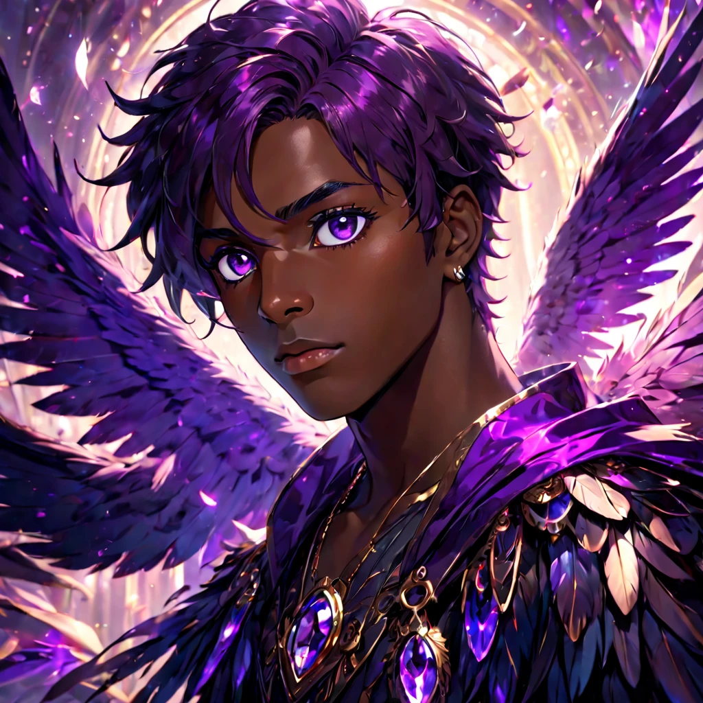 1 young man, stunning crystalline purple eyes, dark skin, radiant reflective purple light, falling owls feathers, 4k, UHD, HDR, ultra-detailed, realistic, photorealistic, sharp focus, physically-based rendering, vivid colors, studio lighting, masterpiece