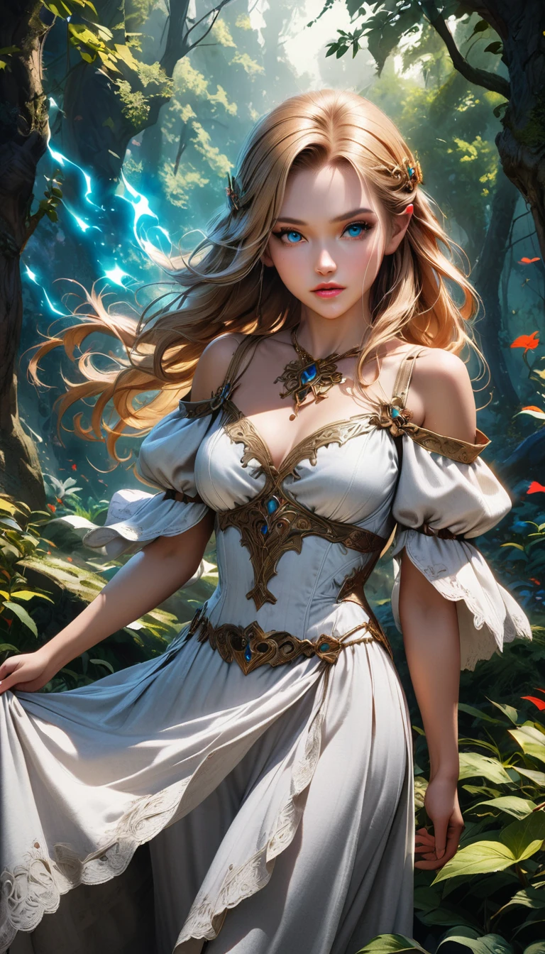 a young beautiful princess in the legend of zelda,long flowing golden hair,detailed delicate face with blue eyes,elegant fantasy medieval dress,intricate ornate jewelry,standing in a magical mystical forest,glowing magical aura,cinematic dramatic lighting,fantasy art,vivid colors,photorealistic,8k,masterpiece