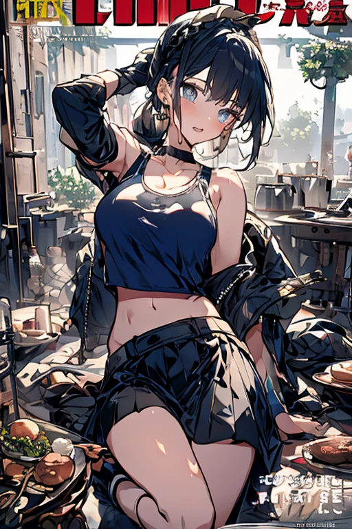 (masterpiece:1.2), (Military uniform magazine cover:1.4),best quality,PIXIV,Sweet girl , sexy posture,1girl, (perky chest:1.2), rolling upskirt by wind:1.6, (with sparkling eyes and a contagious smile),open mouth, (pointed chest:1.2),fishnets, black hair, boots, long hair, black nails, skirt, shirt, black footwear, bag, black skirt, jewelry, jacket, thigh strap, bangs, necktie, earrings, nail polish, multicolored hair, looking at viewer, full body, bottle, own hands together, belt, jacket on shoulders, food, cats on head, ring, choker, english text, collared shirt, blue eyes, hat, lace-up boots ,masterpiece、highest quality、Very detailed、An illustration、Beautiful fine details、One Girl、cute、Detailed landscape、Training Room Background:1.4、Platinum Blonde Hair、Braided Ponytail、Red camisole、((c cup breasts, Tank top showing underboob:1.4))
