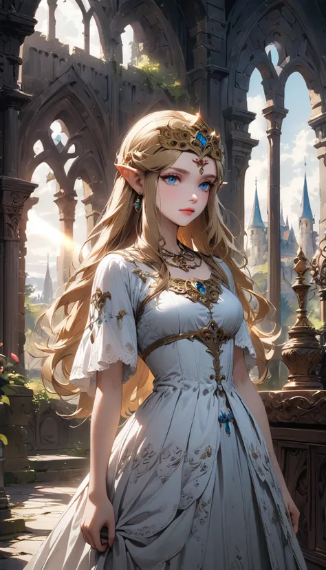 1girl, princess zelda, the legend of zelda, video game character, highly detailed, beautiful face, elegant dress, long blonde ha...