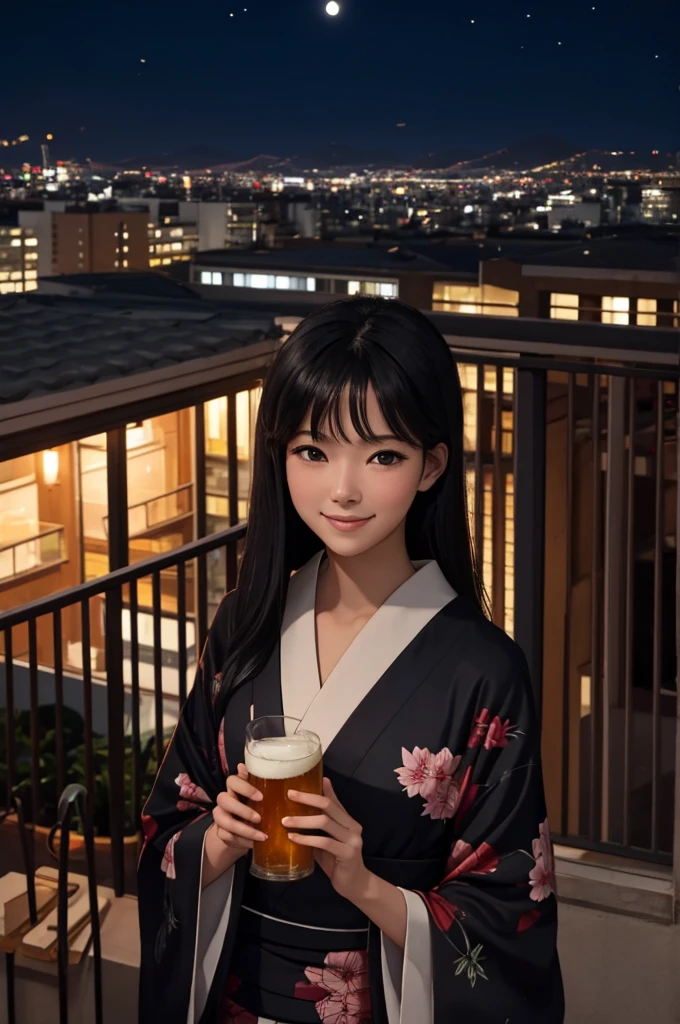 (masterpiece), best quality, expressive eyes, perfect face, At night, under the city lights, on a balcony of an apartment, a A beautiful black-haired woman in a kimono drinks beer, smiling, under the moon and stars, feeling the night breeze.