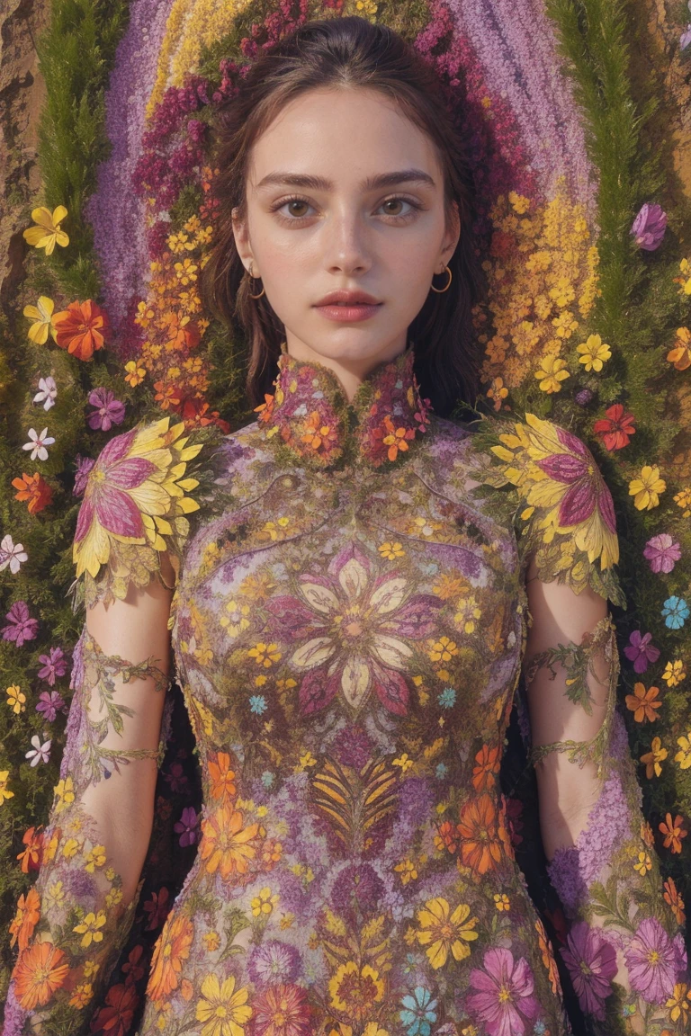 mulher, vestido de flores, colorida, fundo épico,armadura de flores,Tema multicor,