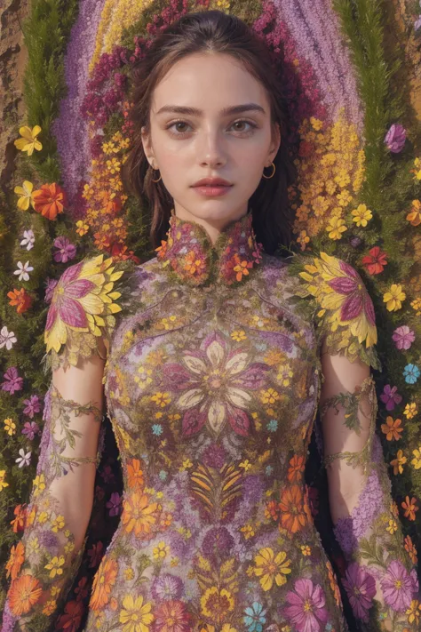 woman, flower dress, colorful, epic background,flower armor,multicolor theme,