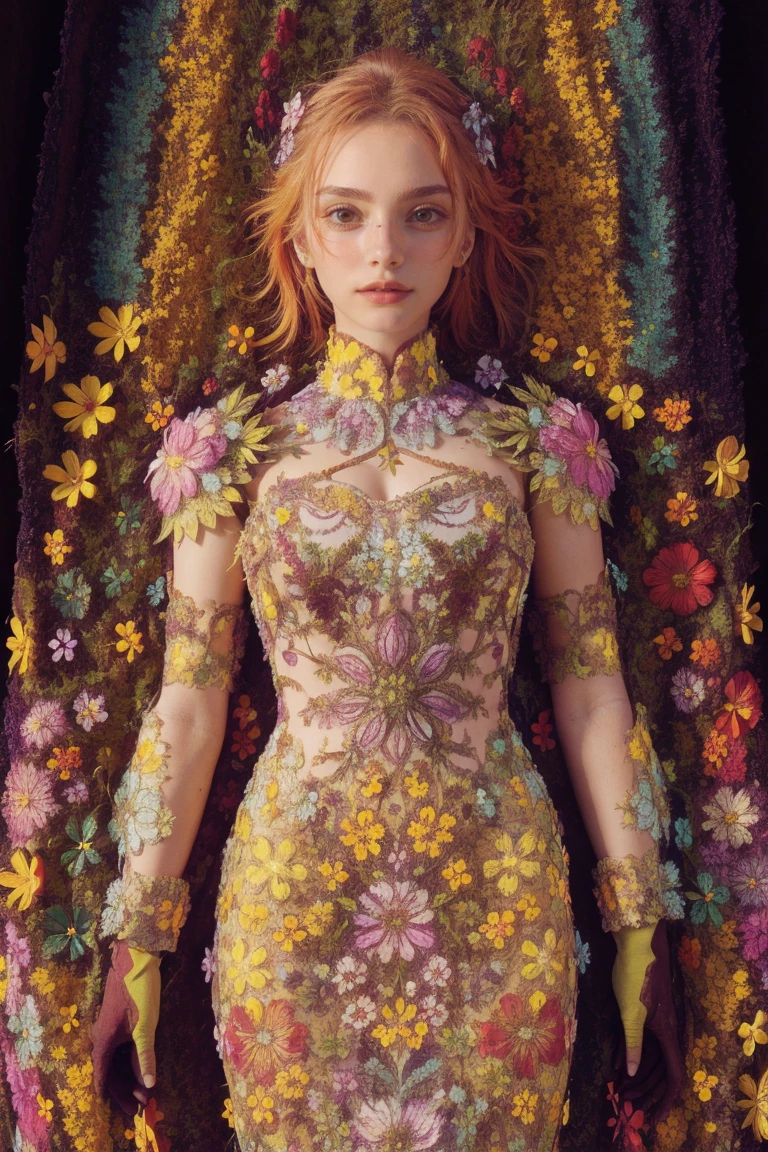 mulher, vestido de flores, colorida, fundo épico,armadura de flores,Tema multicor,