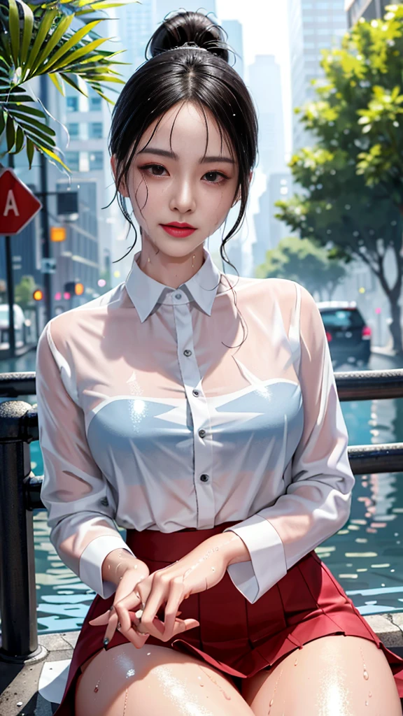 ((best quality, 8K, masterpiece: 1.3))high quality, Very detailed, Crazy Details, 4K quality (Digital art like a movie: 1.3), high quality, ,upper body,Thick black-rimmed glasses,Black Hair, black eye,sharp focus: 1.2, beautiful woman: 1.4, ((ponytail: 1.2)),(darkred skirt、White blouse with lace), (wet from rain: 1.3), (rain, street: 1.2), wet body: 1.2,Highly detailed face and skin texture, detailed eyes, double eyelids, White skin,E cup,smile,Financial district of the big city,Skyscraper,White skin,Wet Hair、Wet Skin、Wet clothes、smile、 from front, beautiful and Detailed face, White skin, Realistic glowing skin, High-quality fabric, Detailed hair texture, Perfect body, Beautiful Face, Acura, Anatomically correct, highly Detailed face, Eye and skin texture, Natural neck length, (Beautiful Eyes), (Beautiful Hands), (Shiny skin:1.2), Thin legs, Thin legs, Knowledgeable person、Detailed face、 Dramatic Compensate、Compensate、Pinky Pink Lipstick、eye make up、mascara、eyeliner、Doe、 (((Wet body、 Sweat)))、