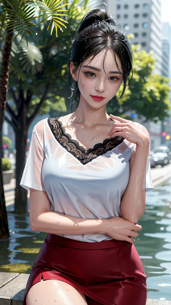 ((best quality, 8K, masterpiece: 1.3))high quality, Very detailed, Crazy Details, 4K quality (Digital art like a movie: 1.3), high quality, ,upper body,Thick black-rimmed glasses,Black Hair, black eye,sharp focus: 1.2, beautiful woman: 1.4, ((ponytail: 1.2)),(darkred skirt、White blouse with lace), (wet from rain: 1.3), (rain, street: 1.2), wet body: 1.2,Highly detailed face and skin texture, detailed eyes, double eyelids, White skin,E cup,smile,Financial district of the big city,Skyscraper,White skin,Wet Hair、Wet Skin、Wet clothes、smile、 from front, beautiful and Detailed face, White skin, Realistic glowing skin, High-quality fabric, Detailed hair texture, Perfect body, Beautiful Face, Acura, Anatomically correct, highly Detailed face, Eye and skin texture, Natural neck length, (Beautiful Eyes), (Beautiful Hands), (Shiny skin:1.2), Thin legs, Thin legs, Knowledgeable person、Detailed face、 Dramatic Compensate、Compensate、Pinky Pink Lipstick、eye make up、mascara、eyeliner、Doe、 (((Wet body、 Sweat)))、