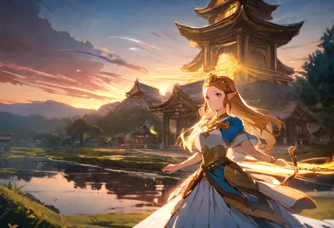 1 Girl, solo, Princess Zelda, Bow and Arrow of Light, temple, peace, Royal Dress, tiara, sunset, gold, noble, Light effects, gua...