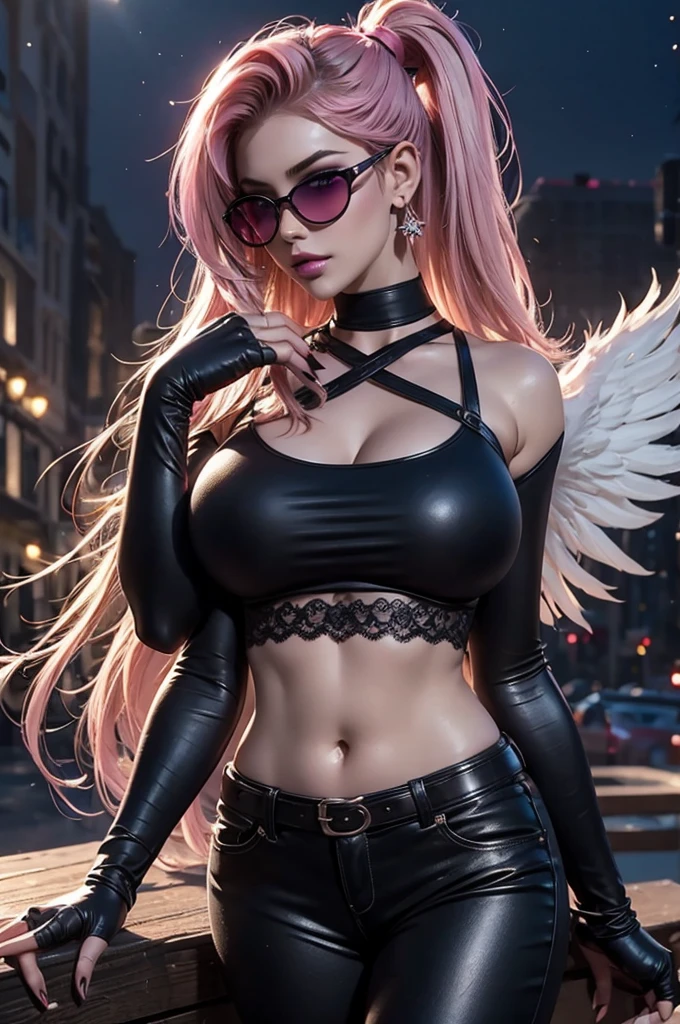 morrigan_Aensland, Hermoso rostro, Ojos rosados, ojos amorosos, demonio, juntos, cara estricta, evil sonrisa,siendo realista，Chica de 22 años，rubia corta、Gran cuerpo, lenceria sexy encaje negro ,ojos perfectos, manojos de pelo、very very pelo largo, cabello ultradetallado, cuerpo de nailon sexy, Senos agrandados、 Gran cuerpo, rubio, mujer 1.90 cm,cola de caballo, ((pelo sobre los ojos)),boca perfecta, oppai de gran rebote masivo, piel mojada, (obra maestra, mejor calidad:1.2), 1 chica, solo, Fondo de la ciudad, bruma \(fortnite\), Harpy Haze de fortnite, 1 chica, pendientes, anteojos, tiene, joyas, labios, pelo largo, mirando al espectador, constituir, esmalte de uñas, Ojos rosados, Cabello rosado, uñas rosas, sonrisa, sunanteojos, gafas teñidas, cinturón, black pantalones, top corto, sombra, diafragma, ombligo, pantalones, Gargantilla, uñas, gafas redondas, sharp uñas, de pie, black plumas, sombreros negros, hoop pendientes, sombreros con cuernos, cuernos, denim, brazos alados, adorno de plumas, estrella \(símbolo\), guantes de codo, dark pink labios, plumas, tacones, zapatos, angel alas, brazalete, black alas, top corto overhang, feathered alas, arpía, low alas, pelo multicolor, multicolored alas, pink alas, alas, Guantes sin dedos, camisa, long uñas, boater tiene, bootcut pantalones, leather pantalones, mangas, black mangas,oppai de gran rebote masivo,oppai de gran rebote masivo,oppai de gran rebote masivo,
