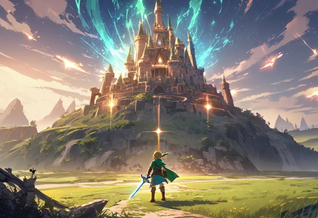 1 Boy, solo, Link holds up the Master Sword、Standing in front of Hyrule Castle。The vast landscape of Hyrule spreads out in the background.、Ancient ruins dot the land。Glowing light effects radiate from Link&#39;s sword.、The emphasis is on courage。