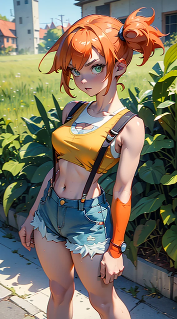 masterpiece,High resolution,8K,Detailed anatomy
(Misty_Pokemon)(1 18-year-old girl)
(Berry Short,Orange Hair,one side up hair,Big green eyes,Small breasts,Skinny)
(Yellow sleeveless T-shirt,Belly button exposed,Denim hot pants,Red suspenders,sneakers)
I can feel the spirit in my eyes.,Stadium Ground