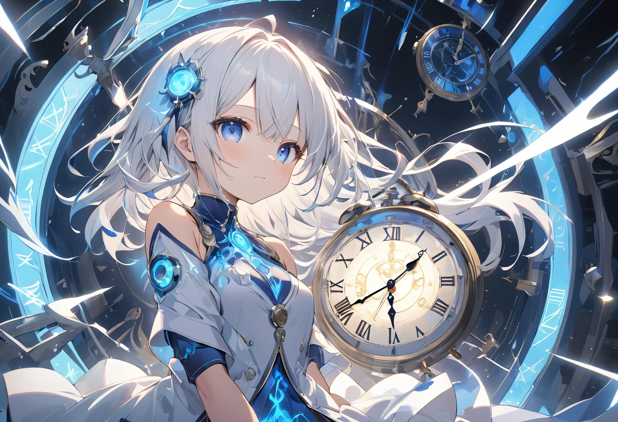 (anime style:1.4),Soft pictorial touches、超High resolution, Attention to detail, high quality, High resolution, 最high quality, 4K, 8K,Blue glowing clock background、White Hair Girl、cute,Beautiful light effect surrounding the body,DonMDj1nnM4g1cXL