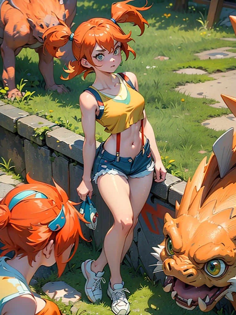 masterpiece,High resolution,8K,Detailed anatomy
(Misty_Pokemon)(1 18-year-old girl)
(Berry Short,Orange Hair,one side up hair,Big green eyes,Small breasts,Skinny)
(Yellow sleeveless T-shirt,Belly button exposed,Denim hot pants,Red suspenders,sneakers)
I can feel the spirit in my eyes.,Stadium Ground