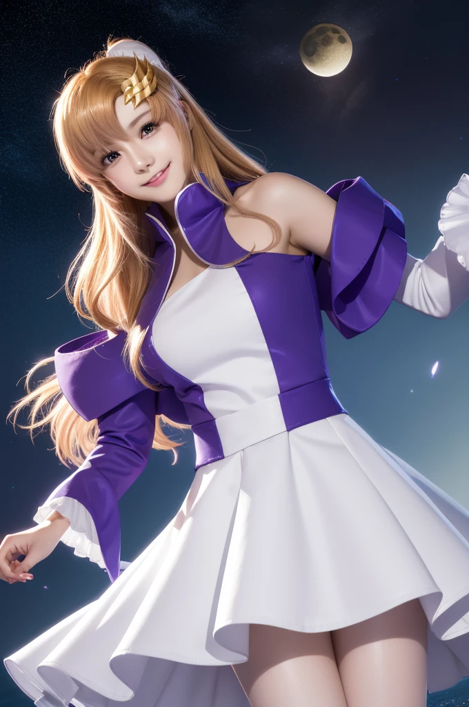 lacusclyne, lacus clyne, (purple eyes:1.1), hair ornament, long hair, wave hair ornament, pink hair, smile, open mouth,
BREAK dress, long dress, long sleeves, white sleeves, frills frilled skirt, frilled sleeves, detached sleeves, bare shoulders, purple skirt, purple frills,
BREAK ((Golden hair ornament)),
BREAK 1girl, 20 years old, (Generous Breasts:1.2), Plump shape, 
BREAK looking at viewer, (cowboy shot:1.5),
BREAK outdoor, (((floating space, outer space, star, moon))), (Sparks dance the night sky:1.3), 
BREAK (Highest quality、4K、8K, 16K, masterpiece:1.3), Ultra detailed face, Detailed lips, Detailed eyes, double eyelid, BREAK, (Encouraging smile:1.3), (Seductive pose:1.5), (dynamic pose:1.3), dynamic angle, BREAK, 