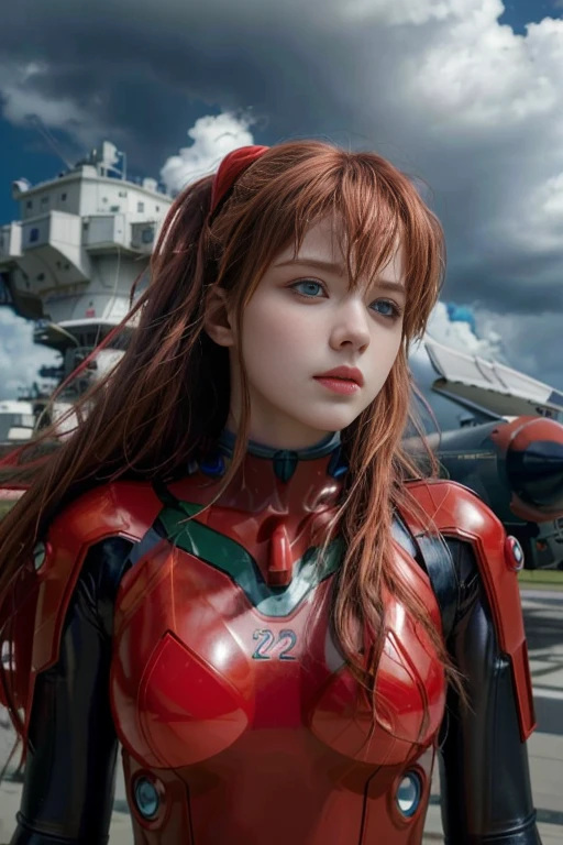 4K, 8K, (Masterpiece, best quality:1.2), blue eyes, perfect face, cosplay, professional photo, photo, photorealism, modelshoot style, portrait of shirogane, red plugsuit, feminine, plants, upper body, face shot, storm background, sad background, rain wind, on aircraft carrier