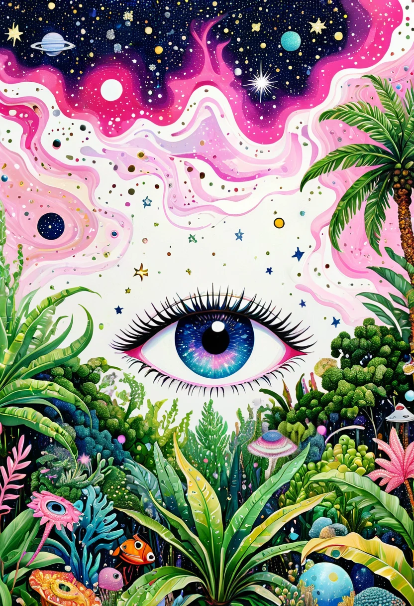 Montage Art， microorganism、plant、Marine Life、(((Eyes on the palm)))、Starry Sky，Abstract mosaic painting，Describing the inner world of autistic people，(((Sense of space，White space,Clean，Anti-Aliasing，)))，Pointillism method，density，Psychedelic Art，pink