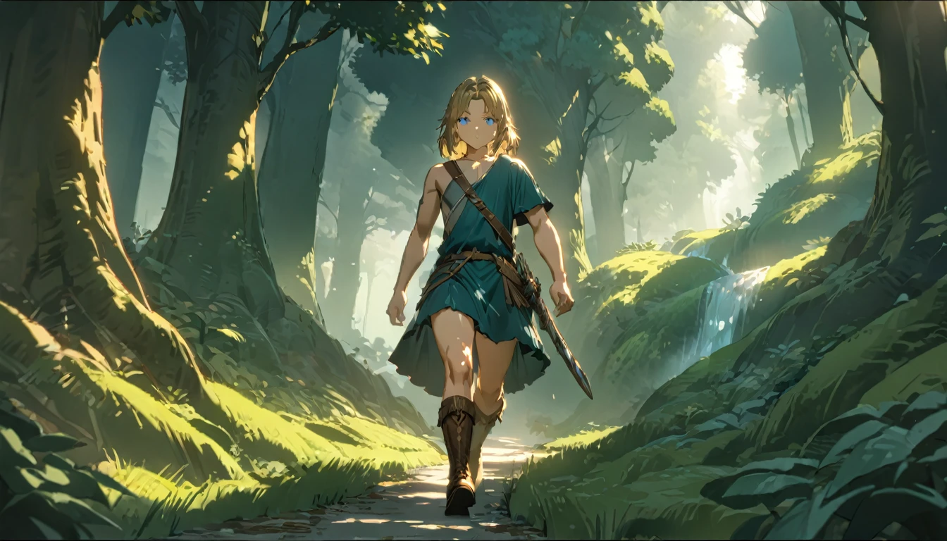 score 9, 1boy, totklink, zonai dress, single bare shoulder, holding sword, runnning, detailed blue eyes, delicate facial features, brown leather boots, standing in a lush forest landscape with towering trees, sunlight filtering through the leaves, (best quality,8k,hyper-detailed,masterpiece:1.2),cinematic lighting,fantasy,digital painting