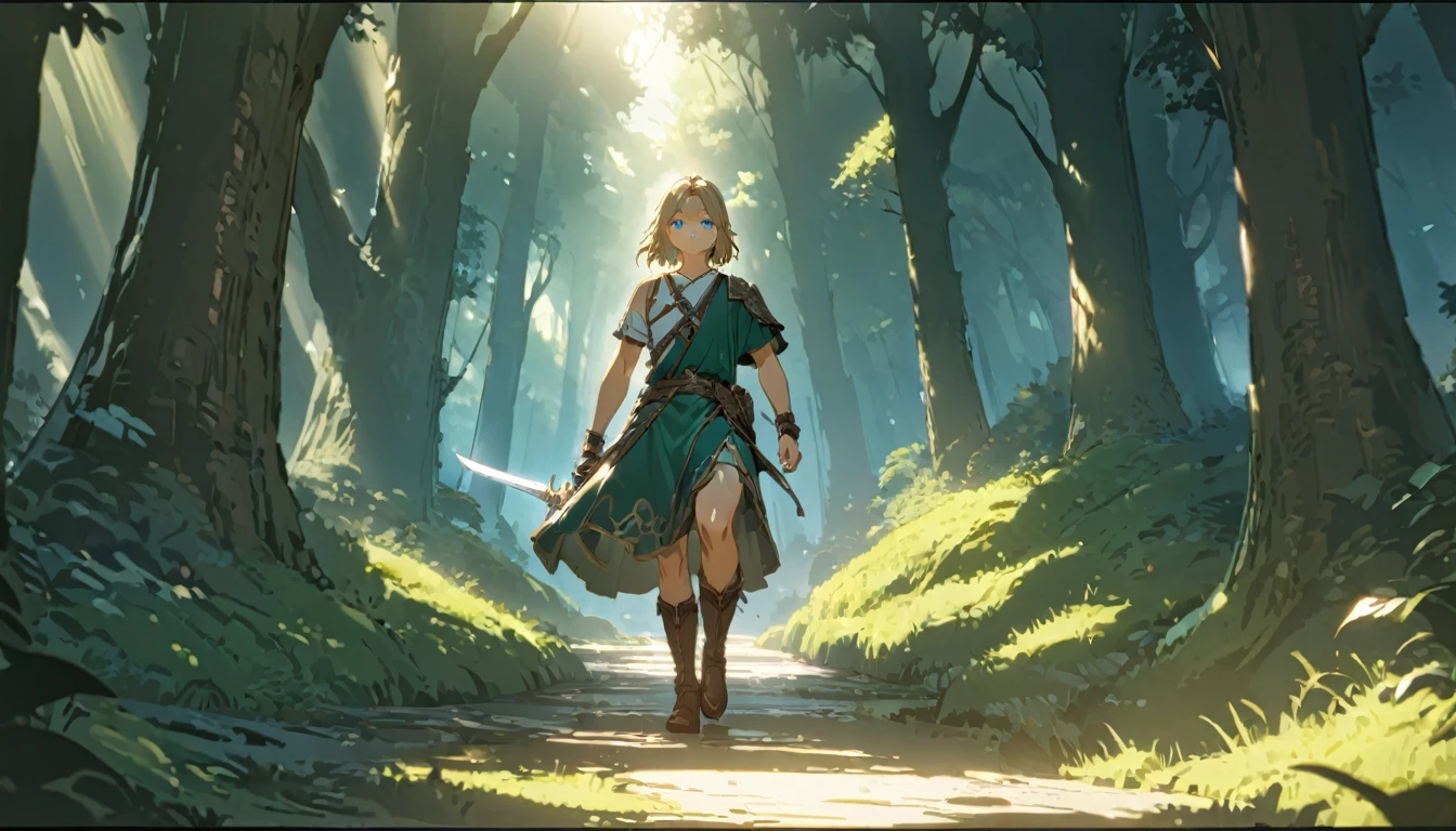 score 9, 1boy, totklink, zonai dress, single bare shoulder, holding sword, runnning, detailed blue eyes, delicate facial features, brown leather boots, standing in a lush forest landscape with towering trees, sunlight filtering through the leaves, (best quality,8k,hyper-detailed,masterpiece:1.2),cinematic lighting,fantasy,digital painting