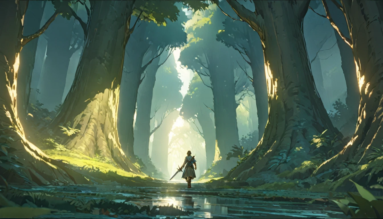 score 9, 1boy, totklink, zonai dress, single bare shoulder, holding sword, runnning, detailed blue eyes, delicate facial features, brown leather boots, standing in a lush forest landscape with towering trees, sunlight filtering through the leaves, (best quality,8k,hyper-detailed,masterpiece:1.2),cinematic lighting,fantasy,digital painting