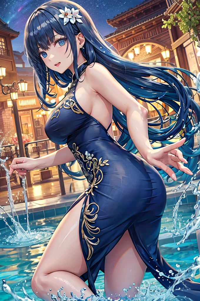 She is wearing a Chinese dress、8K、、Highest quality、Tabletop、Ultra HD、Super detailed、so beautiful、Super detailed髪質、so beautiful、Portraiture、Ezvian everywhere、Captivating look、Beautiful woman、Long Blue Hair、blue eyes、Glowing Skin、bursting breasts、Very large breasts、Very big ass、Water droplets running down the skin、The background is a great night pool、naked、Excessive pubic hair growth