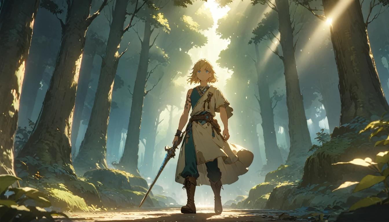 score 9, 1boy, anime artwork cartoon of 1boy like totklink wearing zonai dress, tattoo, single bare shoulder, short blond hair, holding sword, runnning, detailed blue eyes, delicate facial features, brown leather boots, standing in a lush forest landscape with towering trees, sunlight filtering through the leaves, (best quality,8k,hyper-detailed,masterpiece:1.2),cinematic lighting,fantasy,digital painting