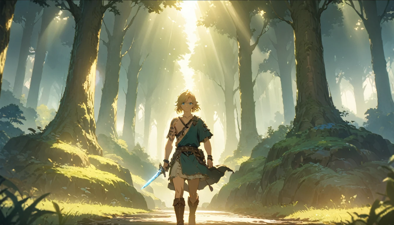 score 9, 1boy, anime artwork cartoon of 1boy like totklink wearing zonai dress, tattoo, single bare shoulder, short blond hair, holding sword, runnning, detailed blue eyes, delicate facial features, brown leather boots, standing in a lush forest landscape with towering trees, sunlight filtering through the leaves, (best quality,8k,hyper-detailed,masterpiece:1.2),cinematic lighting,fantasy,digital painting