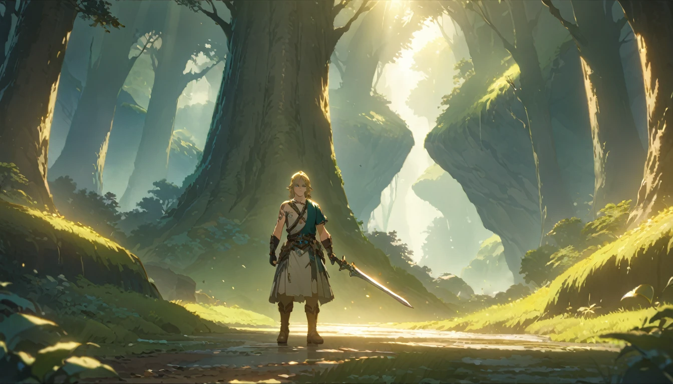 score 9, 1boy, anime artwork cartoon of 1boy like totklink wearing zonai dress, tattoo, single bare shoulder, short blond hair, holding sword, runnning, detailed blue eyes, delicate facial features, brown leather boots, standing in a lush forest landscape with towering trees, sunlight filtering through the leaves, (best quality,8k,hyper-detailed,masterpiece:1.2),cinematic lighting,fantasy,digital painting