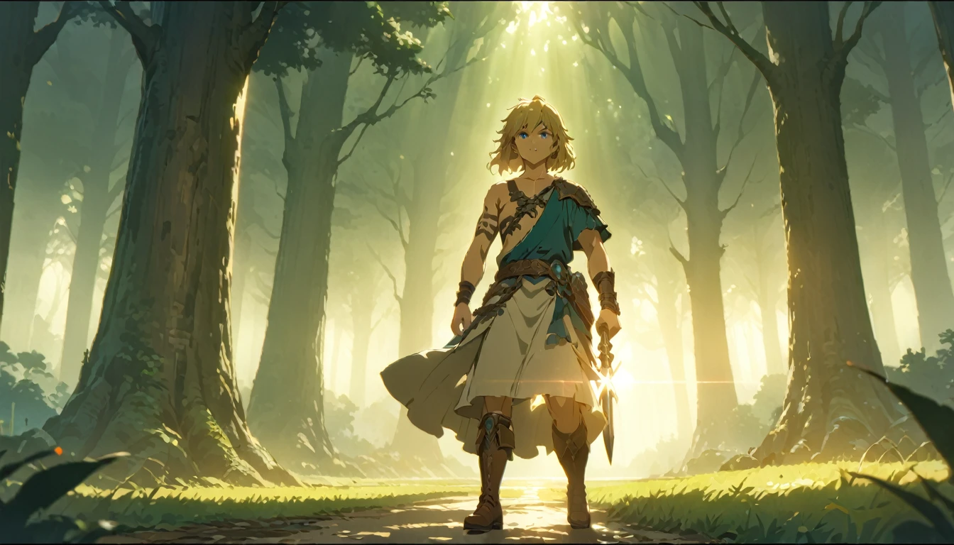 score 9, 1boy, anime artwork cartoon of 1boy like totklink wearing zonai dress, tattoo, single bare shoulder, short blond hair, holding sword, runnning, detailed blue eyes, delicate facial features, brown leather boots, standing in a lush forest landscape with towering trees, sunlight filtering through the leaves, (best quality,8k,hyper-detailed,masterpiece:1.2),cinematic lighting,fantasy,digital painting