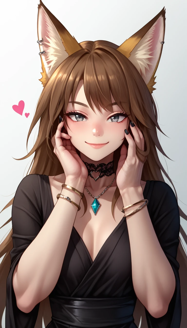 (zPDXL2),  score_9_up, BREAK
solo, 1girl, looking at viewer, (hand on own face, hand on own cheek), (long brown hair, smile, closed mouth, grey eyes, piercing, ear piercing, hearts, fox ears), (nail polish, fingernails, black nails), (jewelry, earrings, necklace, black choker, bangs, bracelet, gem, The Little Black Dress), simple white background, BREAK
AissistXLv2, unaestheticXL_bp5, SimplePositiveXLv2, zPDXL2 PonyXLV6_Scores