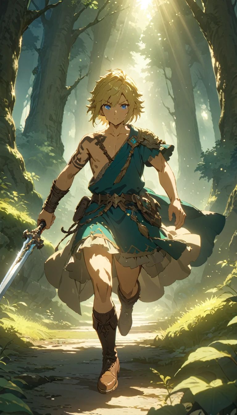 score 9, 1boy, anime artwork cartoon of 1boy like totklink wearing zonai dress, tattoo, single bare shoulder, short blond hair, holding sword, runnning, detailed blue eyes, delicate facial features, brown leather boots, standing in a lush forest landscape with towering trees, sunlight filtering through the leaves, (best quality,8k,hyper-detailed,masterpiece:1.2),cinematic lighting,fantasy,digital painting