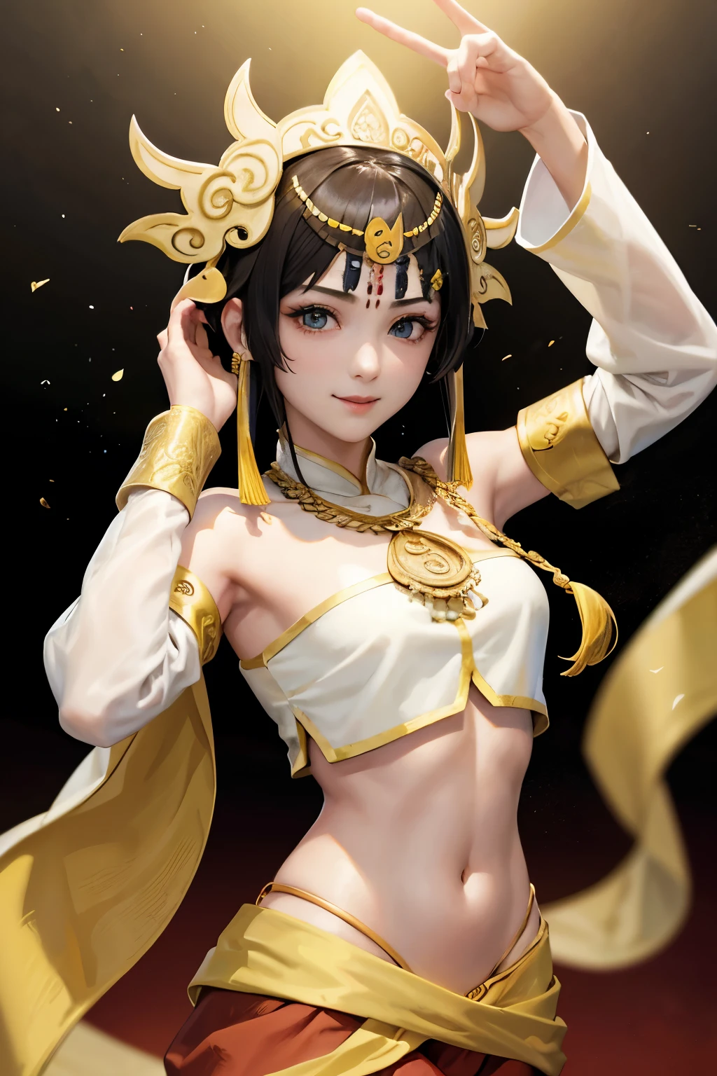 Tripitaka Monk、Sanzang Fashi、Unparalleled in the Three Kingdoms、Unparalleled OROCHI、No sleeve、Chest band、Navel sticking out、Loose pants Black hair、Bobcut、tiara、Sleeves longer than my arms Smile、（（（ＳＦＷ、sound、Highest quality、first-clasasterpiece、Normal body、8K、Detailed face、Ultra-precision、Normal hand、Normal finger、５Finger、Highest）））