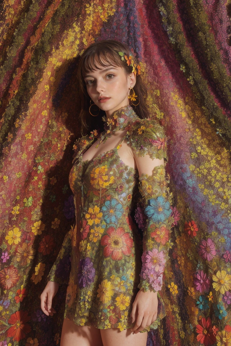 femme, robe à fleurs, Coloré, fond épique,armure de fleurs, thème multicolore, thème des millions de couleurs, Style psychédélique, motif de camouflage:0.5, debout, photo de côté