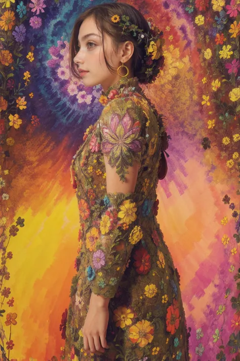 woman, flower dress, colorful, epic background,flower armor, multicolor theme, millions of colors theme, psychedelic style, camo...