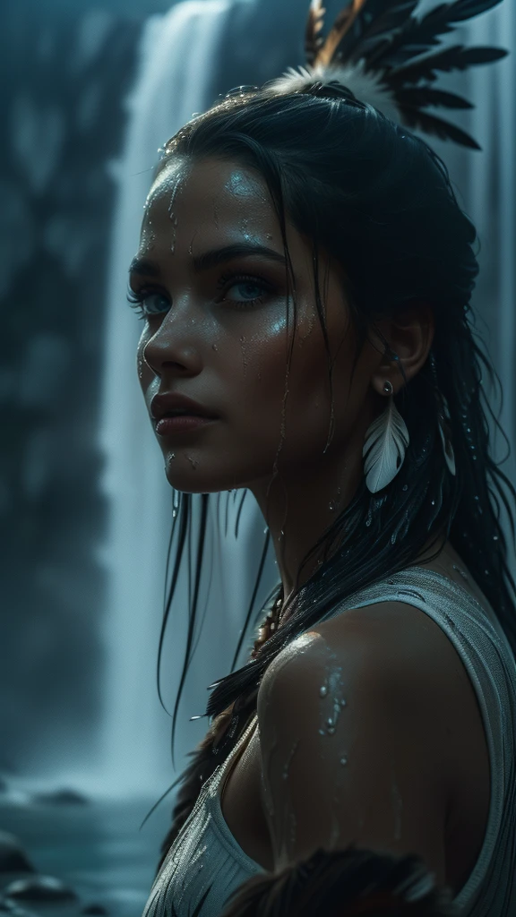 (((ultra realistic))), ((ultra-detailed face and eyes: 1.3)) ,(native girl), with very long thick hair, (feathers in hair), ((few clothes)) , ((indigenous clothing)) , slender body, (wet skin and clothes) , Near the waterfall, rain, mysterious dark atmosphere (In the moonlight, night, shadow), contrasting, ((ultra-detailed)), ((Skin detailing)), (scene from a movie about ancient people), (Dark color scheme) 