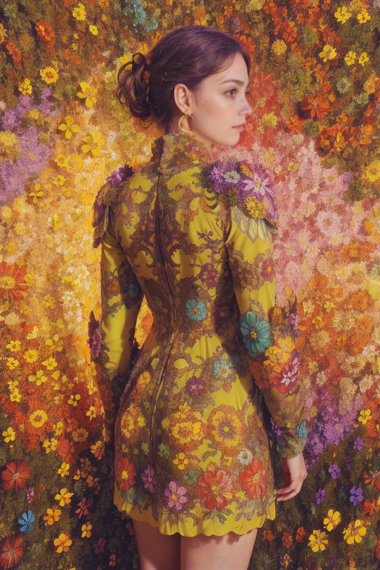 mulher, vestido de flores, colorida, fundo épico,armadura de flores, Tema multicor, tema de milhões de cores, Estilo psicodélico, Padrão de camuflagem:0.5, de pé, da foto lateral