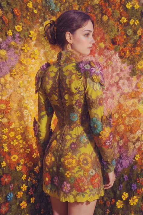 woman, flower dress, colorful, epic background,flower armor, multicolor theme, millions of colors theme, psychedelic style, camo...