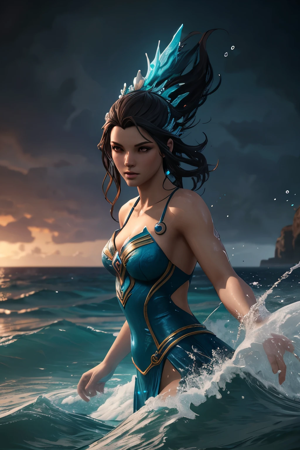 magical ocean goddess, water, spray, waves, finely drawn eyes, 8k resolution, concept art, dynamic lighting, hyperdetailed, intricately detailed, Splash, Unreal Engine 5, volumetric lighting