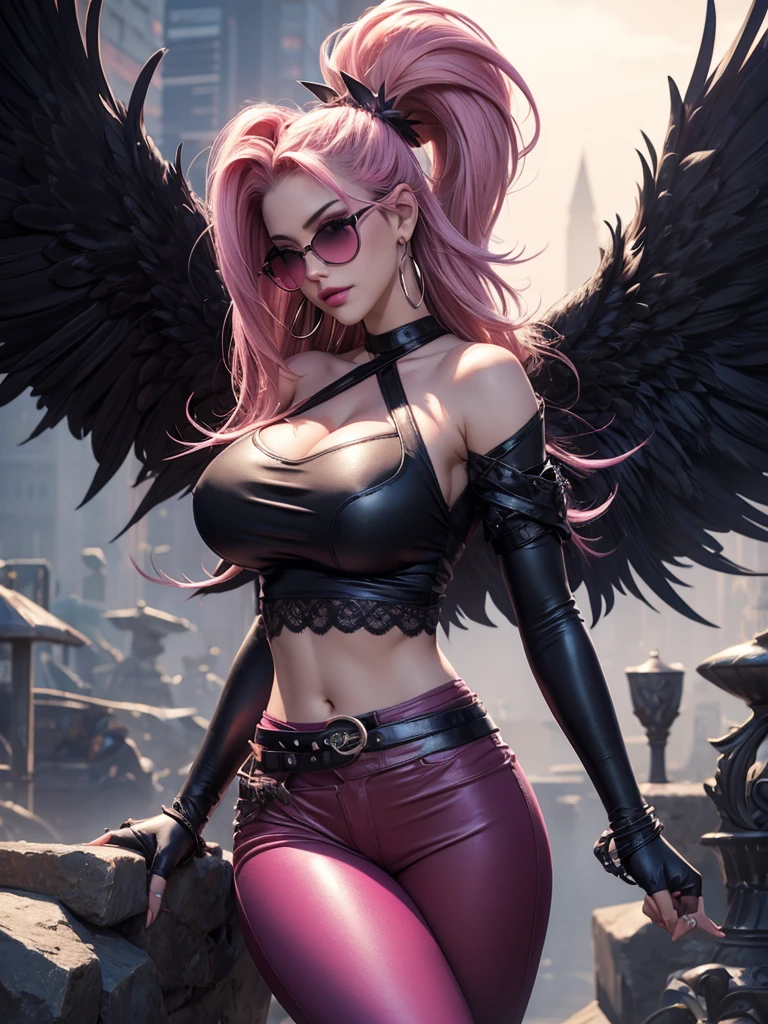 morrigan_Aensland, Hermoso rostro, Ojos rosados, ojos amorosos, demonio, juntos, cara estricta, evil sonrisa,siendo realista，Chica de 22 años，rubia corta、Gran cuerpo, lenceria sexy encaje negro ,ojos perfectos, manojos de pelo、very very pelo largo, cabello ultradetallado, cuerpo de nailon sexy, Senos agrandados、 Gran cuerpo, rubio, mujer 1.90 cm,cola de caballo, ((pelo sobre los ojos)),boca perfecta, oppai de gran rebote masivo, piel mojada, (obra maestra, mejor calidad:1.2), 1 chica, solo, Fondo de la ciudad, bruma \(fortnite\), Harpy Haze de fortnite, 1 chica, pendientes, anteojos, tiene, joyas, labios, pelo largo, mirando al espectador, constituir, esmalte de uñas, Ojos rosados, Cabello rosado, uñas rosas, sonrisa, sunanteojos, gafas teñidas, cinturón, black pantalones, top corto, sombra, diafragma, ombligo, pantalones, Gargantilla, uñas, gafas redondas, sharp uñas, de pie, black plumas, sombreros negros, hoop pendientes, sombreros con cuernos, cuernos, denim, brazos alados, adorno de plumas, estrella \(símbolo\), guantes de codo, dark pink labios, plumas, tacones, zapatos, angel alas, brazalete, black alas, top corto overhang, feathered alas, arpía, low alas, pelo multicolor, multicolored alas, pink alas, alas, Guantes sin dedos, camisa, long uñas, boater tiene, bootcut pantalones, leather pantalones, mangas, black mangas,oppai de gran rebote masivo,oppai de gran rebote masivo,oppai de gran rebote masivo,
