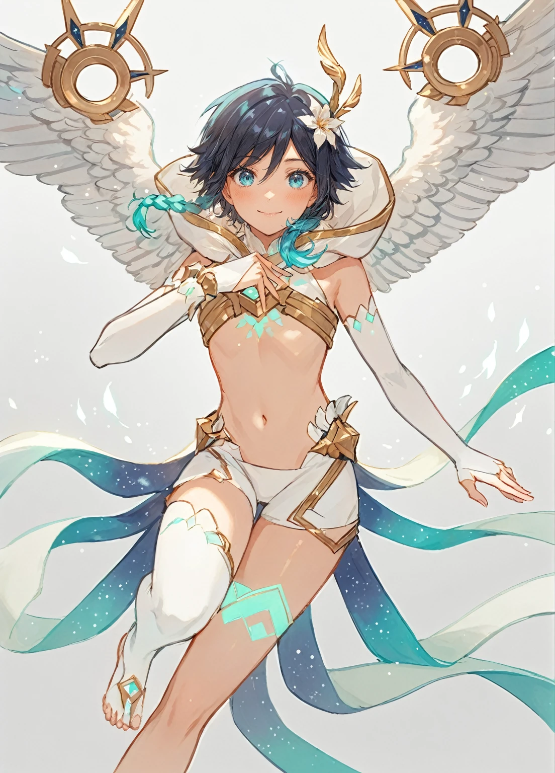 ai-generated,very aesthetic,1boy,venti_/(archon/)_/(genshin_impact/),male_focus,detailed_eyes,white feathered_wings,white halter_crop top,white shorts,hair_flower,midriff,black blue hair gradient,dsmile,((flat chest)),starry_sky,moon,starry_sky_print,((bluegreen eyes)),slender,feathers,divine,detailed_eyes,long_eyelashes,pink_lips,glossy lips,narrow_waist,dreamy anime fantasy background,raytracing,floating,light particles,dsmile,starry sky, shooting stars,celestial,intricate,(best quality,4k,8k,highres,masterpiece:1.2),twin braids