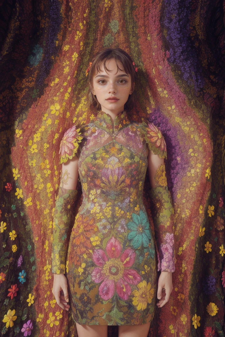 mulher, vestido de flores, colorida, fundo épico,armadura de flores, Tema multicor, tema de milhões de cores, Estilo psicodélico, Padrão de camuflagem:0.5, de pé, uma posição um pouco lateral