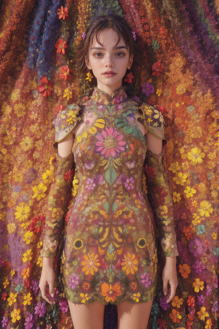 mujer, vestido de flores, Vistoso, fondo épico,armadura de flores, Tema multicolor, tema de millones de colores, estilo psicodélico, patrón de camuflaje:0.5, de pie, una posición un poco sesgada