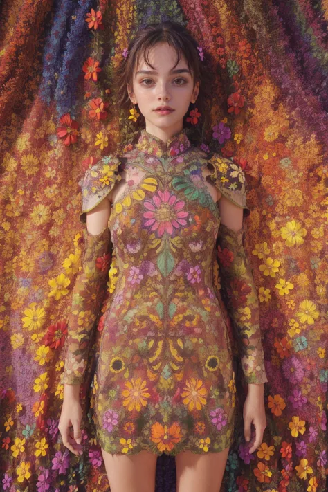 woman, flower dress, colorful, epic background,flower armor, multicolor theme, millions of colors theme, psychedelic style, camo...